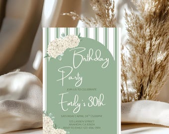 Boho Sage Green Birthday Invitation White Hydrangea Floral Dinner Party Invite Women's Milestone Editable Canva Template