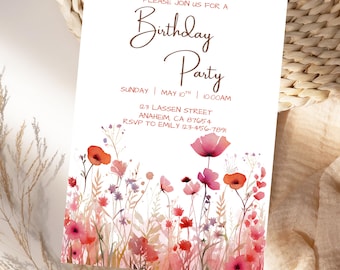 Bloemen verjaardagsuitnodiging bewerkbare tuin bloemen uitnodiging afdrukbare sjabloon wilde bloemen meisjes roze canvas