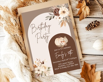 Autumn Floral Birthday Party Template Boho Neutral Birthday Invitation Fall Pumpkin Birthday Invite Editable Birthday Celebration Canva