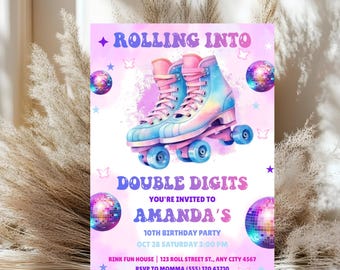 Roller Skating 10th Birthday Invitation Double Digits Skate Party Invite Retro Disco Editable Canva Template For Girl