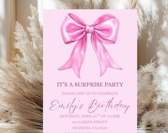 Pink Coquette Bow Surprise Party Invitation Teen Girls Birthday Invite Editable Canva Template