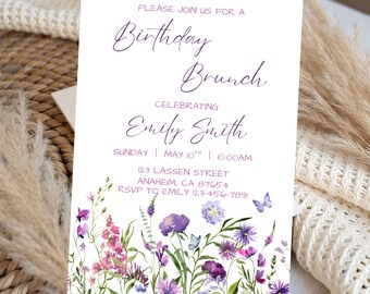 Bloemen verjaardagsuitnodiging brunch brunch tuinfeest uitnodiging paarse wilde bloem bewerkbare canvassjabloon digitale download