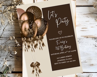 Brown Balloons Birthday Party Invitation Bow Dinner Party Invite Coquette Beige Editable Canva Template