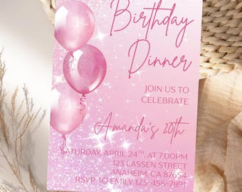 Pink Glitter Birthday Dinner Invitation Template (Digital Download)