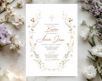 Wildflower Baptism Invitation for Girl Floral Baby Christening Invite Editable Canva Template Pastel Flower Vintage Dedication Invite