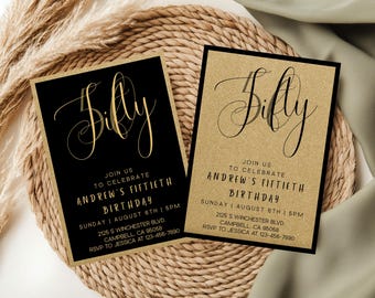 Elegante invitación de cumpleaños en negro y dorado para celebrar un hito (plantilla editable de Canva)