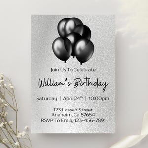 Black and Silver Glitter Birthday Invitation Template Editable Adults Birthday Invite For Elegant Party Canva Template Milestone Celebration