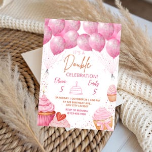 Invito per festa di compleanno di due gemelli, invito per festa di compleanno di due bambine, modello digitale modificabile Canva per bambini