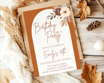 Autumn Boho Birthday Party Invitation Editable Elegant Birthday Party Invite For Women Rustic Floral Birthday Template Canva Modern Template