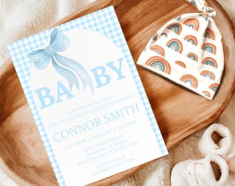 Modèle de toile modifiable d'invitation de baby shower avec un noeud bleu pour garçon vichy