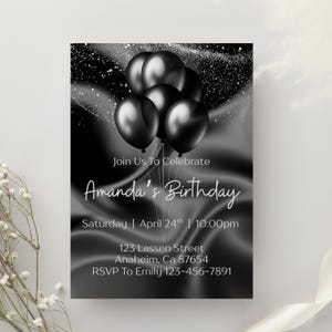 Invito di compleanno elegante nero per adulti, modello modificabile per invito a cena di compleanno elegante, modello Canva di lusso per compleanno formale nero