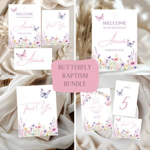 May include: A baptism stationery bundle featuring white cards with watercolor illustrations of butterflies and wildflowers in shades of pink, purple, and yellow. The text includes Welcome to the Baptism of Amanda, March 18, 2026, Thank You, and Table 5.