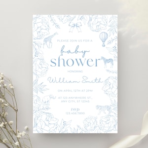 Op de afbeelding: Een uitnodiging voor een babyshower met een lichtblauwe bloemenrand en dierillustraties. De tekst op de uitnodiging luidt "Doe met ons mee voor een babyshower ter ere van William Smith" met evenementdetails en een RSVP-nummer.