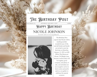 Vintage Newspaper Birthday Invitation Personalized Editable Canva Template