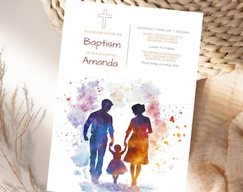 Little Girl Baptism Invitation Watercolor Christening Invite Catholic Dedication Editable Canva Template Family Holding Hands