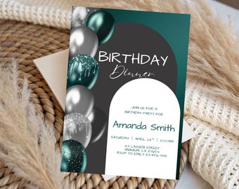 Silver Birthday Invitation Milestone Dinner Party Invite Elegant Teal Editable Canva Template