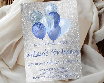 Faire-part d'anniversaire important pour homme, argent, dîner, modèle sur toile modifiable, bleu élégant, fête d'anniversaire