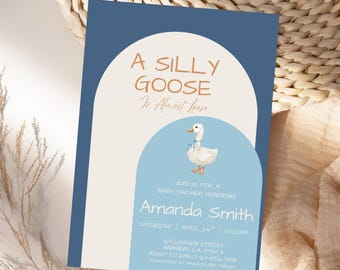 Een Silly Goose babyshower uitnodiging blauwe strik bewerkbare canvas sjabloon Mother Goose Baby strooi uitnodigen