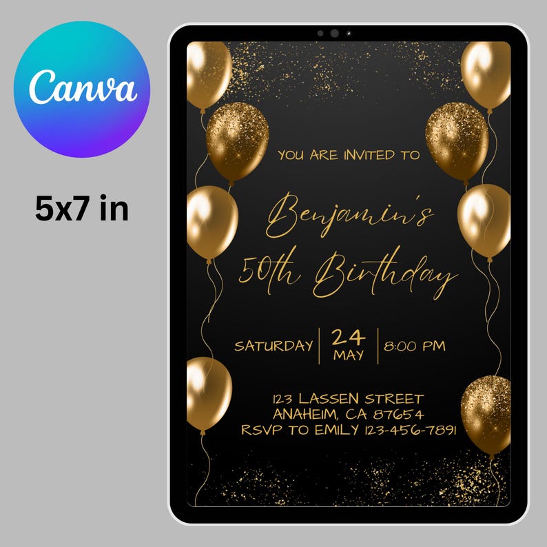 May include: A digital birthday invitation on a tablet, featuring gold balloons and text. The invitation reads "Benjamin's 50th Birthday" with event details. The invitation is 5x7 inches in size.