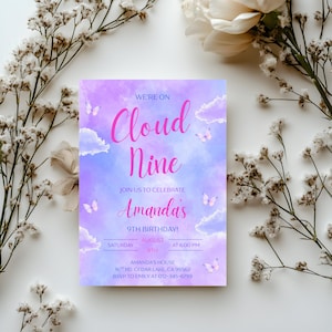 9th Birthday Editable Digital Template Editable Party Invite For Girl&#39;s Birthday Custom Cloud 9 Birthday Invitation Pastel Butterfly Invite