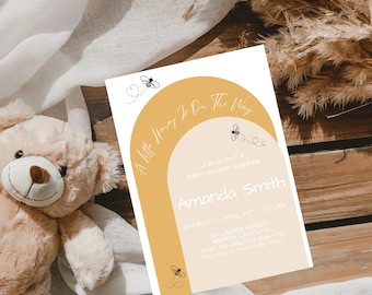 A Little Honey Is On The Way Baby Shower Winnie The Pooh Editable Canva Template Yellow Bee Baby Sprinkle Invite