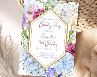 Bloemenverjaardagsuitnodiging bewerkbare tuinfeestuitnodiging Digitale brunchcanvasjabloon met wilde bloemen