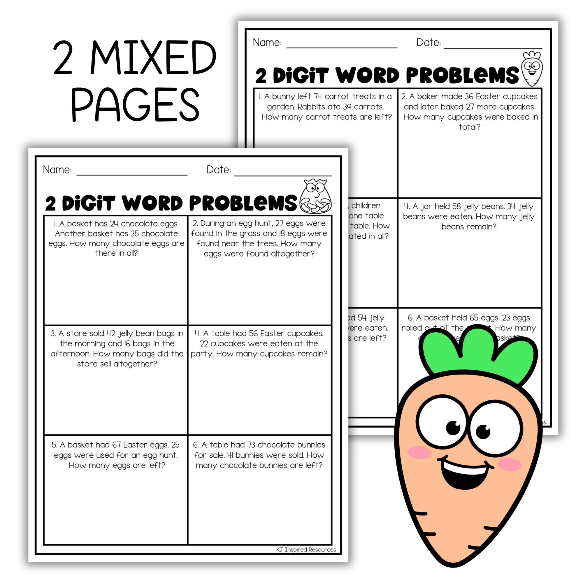 Easter Math Word Problems Worksheets | 2 Digit Addition and Subtraction ...