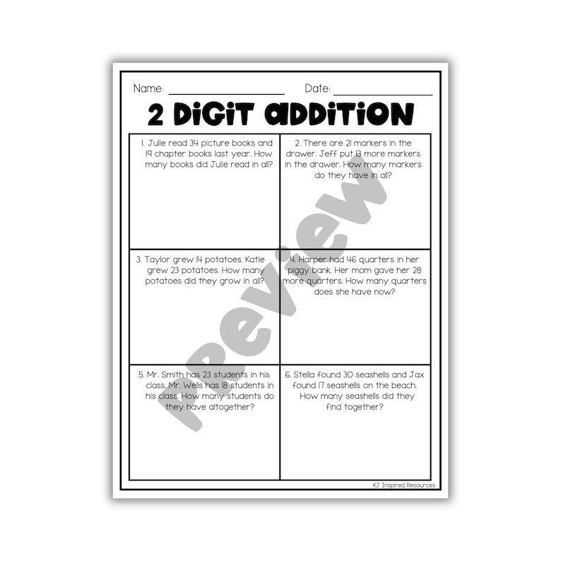 May include: A white worksheet titled "2 Digit Addition" with six math problems. The worksheet includes space for a name and date. The problems involve addition of two-digit numbers, suitable for elementary school students.