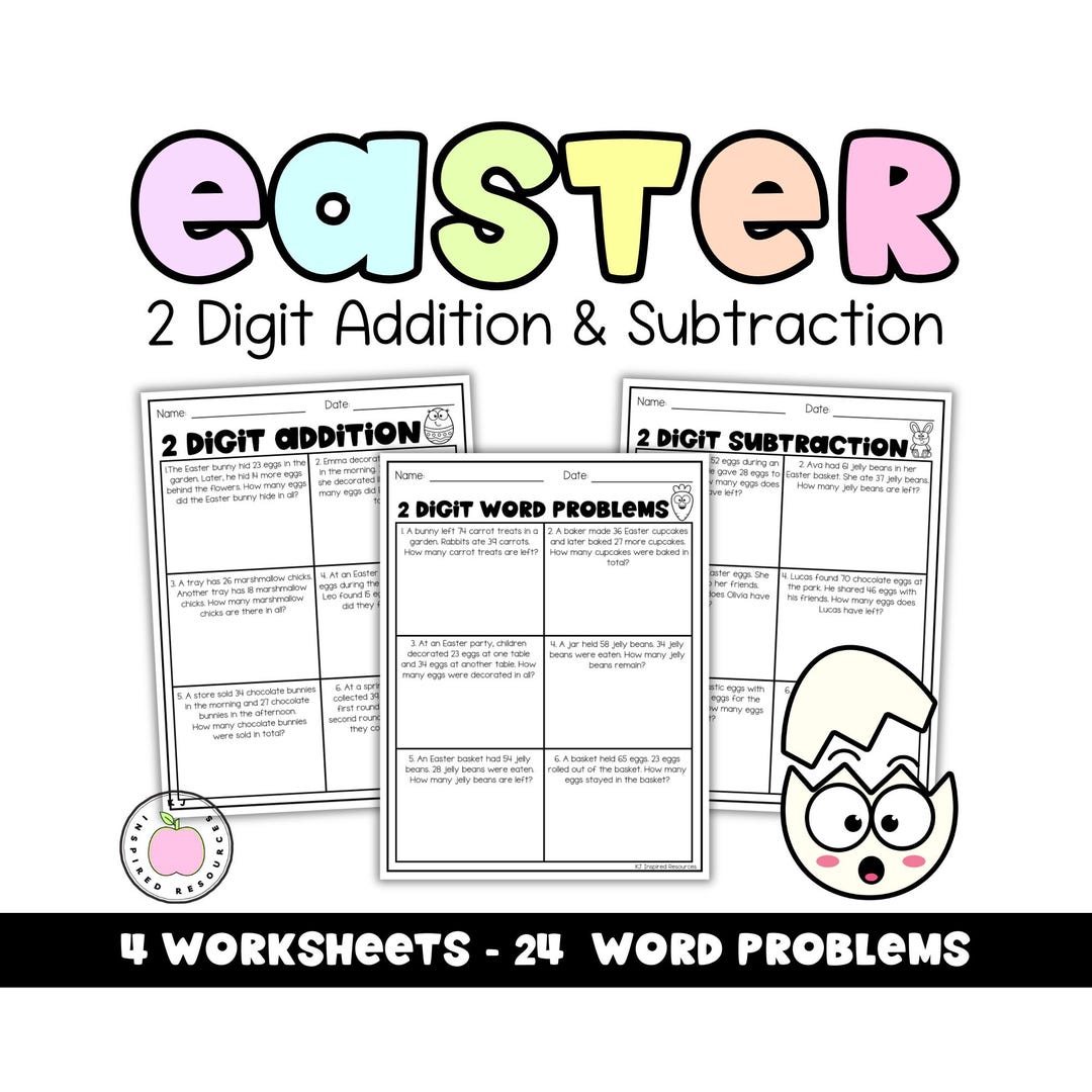 Easter Math Word Problems Worksheets | 2 Digit Addition and Subtraction ...