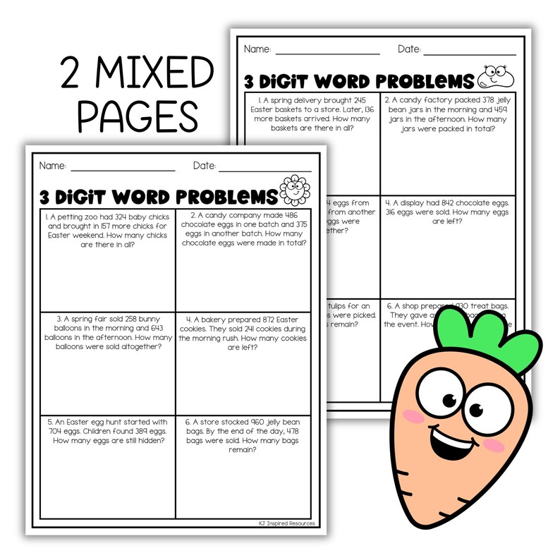 Easter Math Word Problems Worksheets | 3 Digit Addition and Subtraction ...