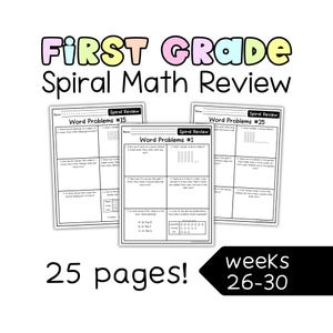 Op de afbeelding: Drie witte educatieve werkbladen getiteld First Grade Spiral Math Review met tekstproblemen genummerd 1, 15 en 25. De tekst bevat 25 pages en weeks 26-30. De kop bevat kleurrijke pastelkleurige letters die de titel vormen.