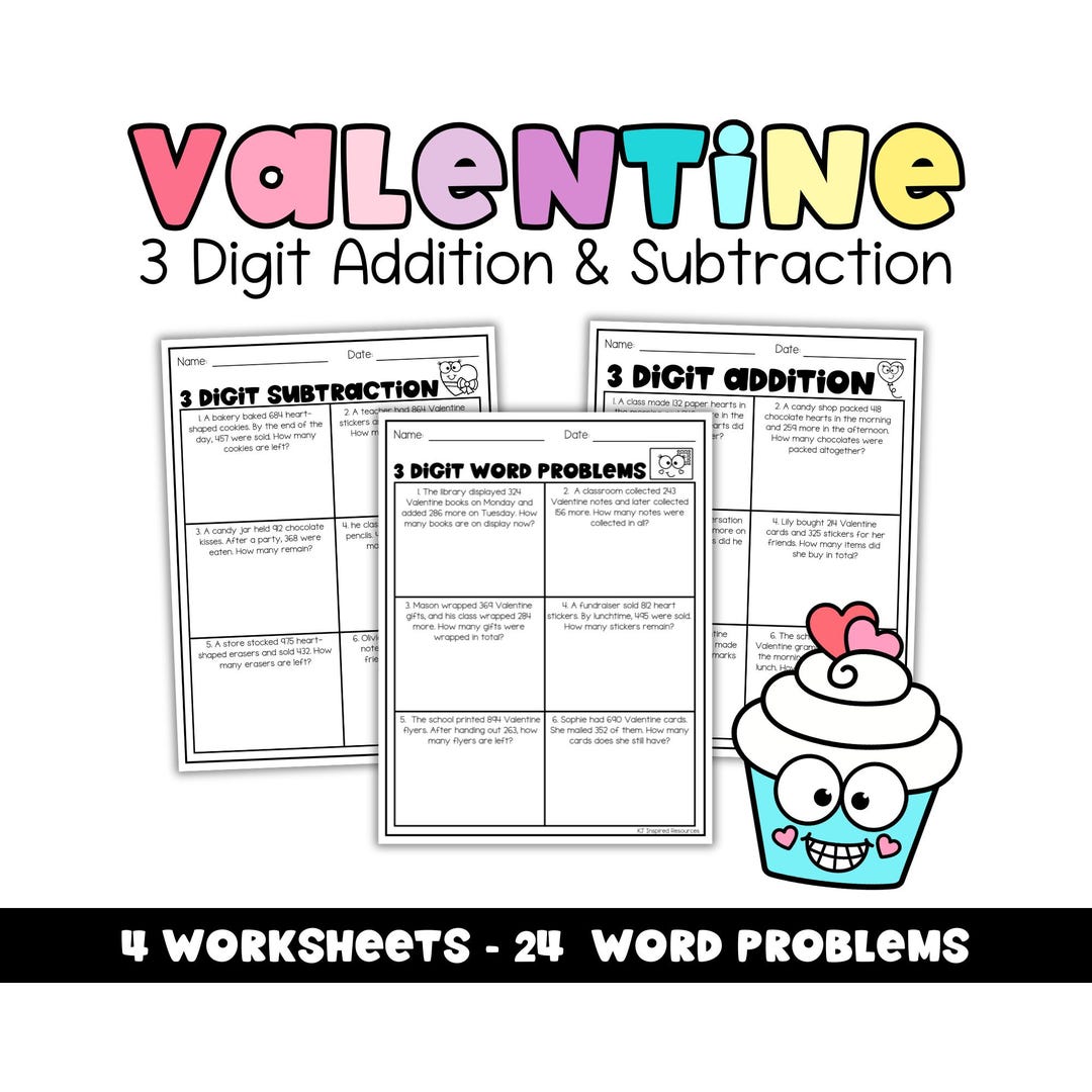 Valentine’s Day Math Worksheets | 3 Digit Addition and Subtraction Word ...