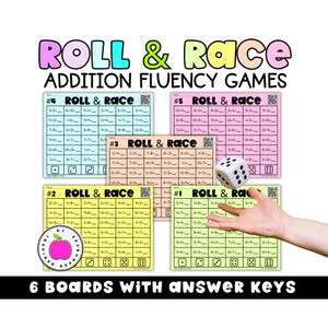 Jeu Addition Roll and Race | Jeu de dés mathématiques pour obtenir des faits 0-12 | Centre de mathématiques imprimable pour la maîtrise des faits | Activité supplémentaire amusante pour la maternelle à la 2e année