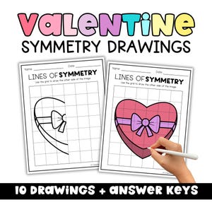 May include: Valentine's Day-themed symmetry drawing worksheets. The worksheets feature a heart-shaped box design with a bow. The text on the worksheets reads "LINES OF SYMMETRY". The image also includes the text "10 DRAWINGS + ANSWER KEYS".