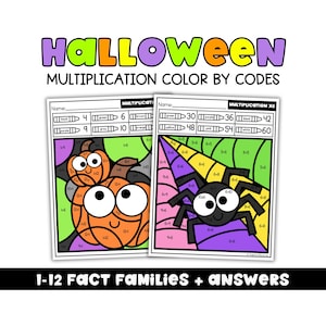 Op de afbeelding: Twee Halloween-thema vermenigvuldiging kleur-op-code werkbladen. Eén toont een pompoen, de andere een spin. De werkbladen hebben kleursleutels en vermenigvuldigingsproblemen. De tekst bovenaan luidt "Halloween Multiplication Color by Codes". De tekst onderaan luidt "1-12 Fact Families + Answers".