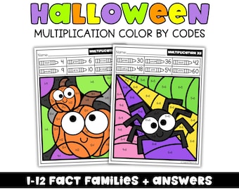 May include: Two Halloween-themed multiplication color-by-code worksheets. One features a pumpkin, the other a spider. The worksheets have color keys and multiplication problems. The text at the top reads "Halloween Multiplication Color by Codes". The bottom text reads "1-12 Fact Families + Answers".