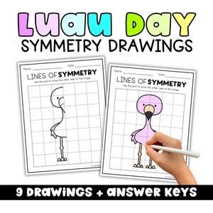 Puede incluir: Dos hojas de trabajo con el texto "LINES OF SYMMETRY" y "Luau Day Symmetry Drawings". Una hoja muestra un dibujo de flamenco, y la otra muestra una mano dibujando el otro lado. El texto "9 DRAWINGS + ANSWER KEYS" está en la parte inferior.