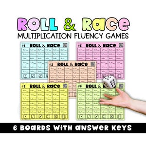Könnte beinhalten: Lehrreiche Multiplikations-Flüssigkeitsspiele mit dem Titel "Roll & Race". Das Bild zeigt sechs farbenfrohe Spielbretter mit Multiplikationsaufgaben, Würfeln und dem Text "6 Boards with Answer Keys". Die Spielbretter sind für Bildungszwecke konzipiert.