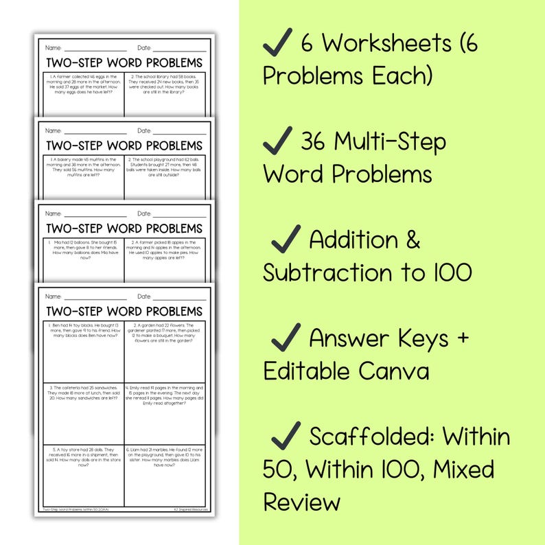 2nd Grade Two-step Word Problem Worksheets | Addition & Subtraction ...