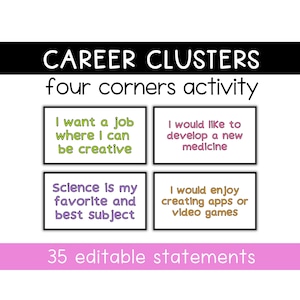 Pode incluir: Gráfico com o texto "CAREER CLUSTERS four corners activity" e quatro caixas com declarações sobre interesses de carreira. A parte inferior do gráfico diz "35 editable statements".