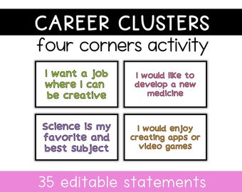 Può includere: Grafica con il testo "CAREER CLUSTERS four corners activity" e quattro riquadri con affermazioni sugli interessi di carriera. La parte inferiore della grafica recita "35 editable statements".