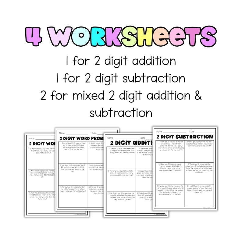 May include: Four worksheets for math practice. The worksheets include 2-digit addition, 2-digit subtraction, and mixed 2-digit addition and subtraction problems. The worksheets are designed for educational use and feature a colorful design.