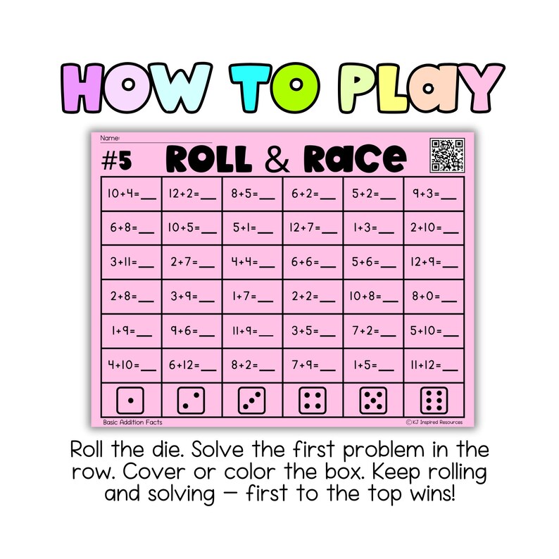 Puede incluir: Un juego educativo rosa titulado "Roll & Race" con problemas de suma. El tablero incluye ilustraciones de dados e instrucciones: "Tira el dado. Resuelve el primer problema de la fila. Cubre o colorea la casilla. Sigue tirando y resolviendo: &iexcl;el primero que llegue arriba gana!"