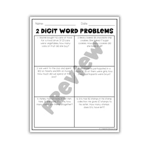 May include: A black and white worksheet titled "2 Digit Word Problems" with six math problems. The problems involve addition and subtraction. The worksheet is designed for educational purposes.