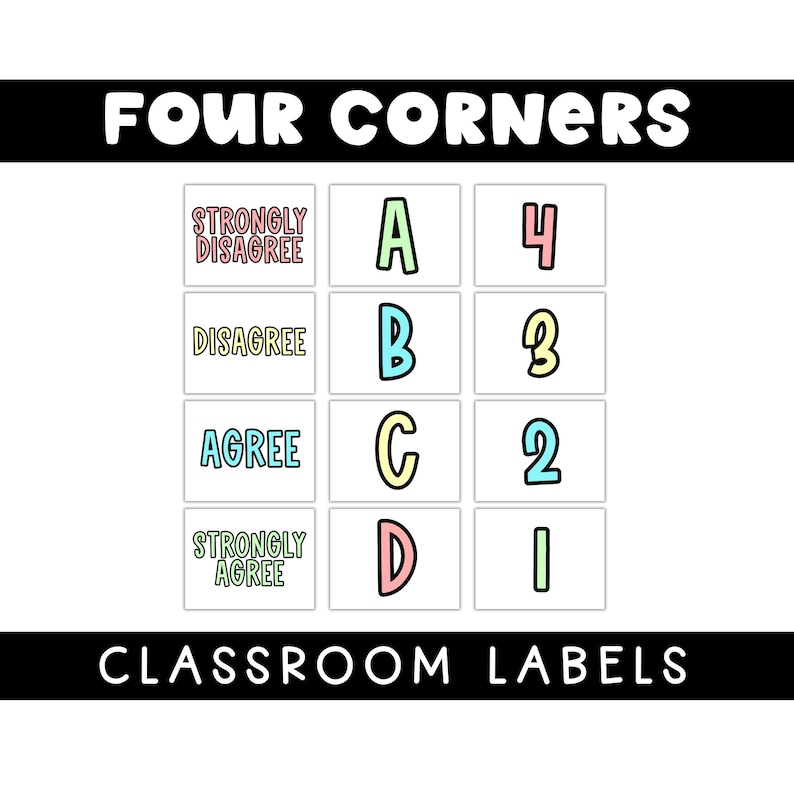 File Label Abcd Four Corner Classroom Labels: Agree Disagree & ABCD Number Options ...