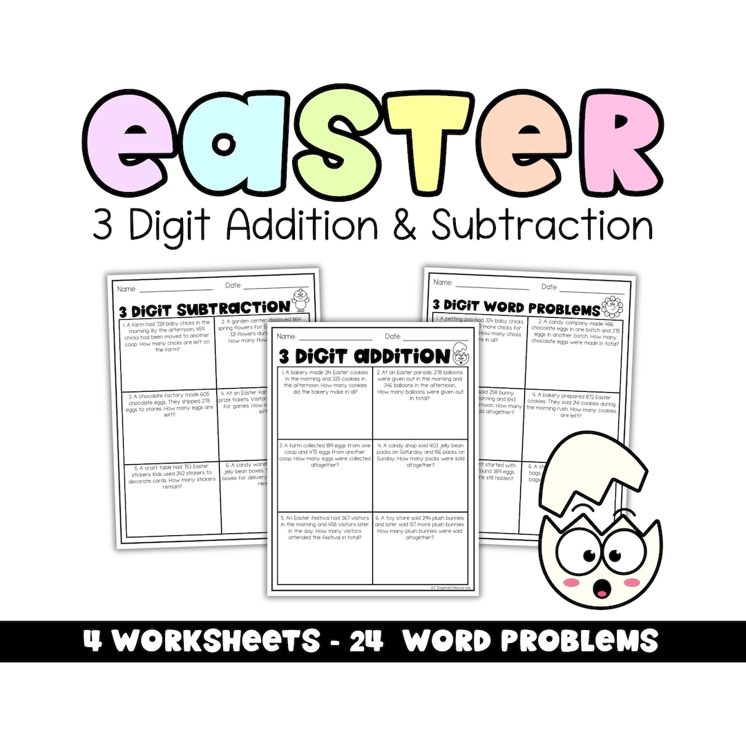 Easter Math Word Problems Worksheets | 3 Digit Addition and Subtraction ...
