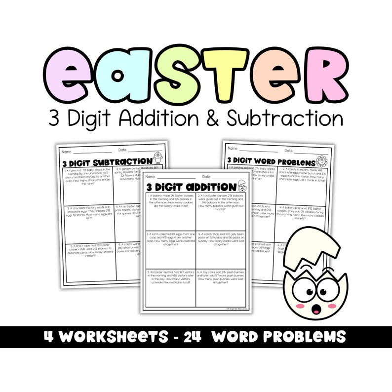 Easter Math Word Problems Worksheets | 3 Digit Addition and Subtraction ...