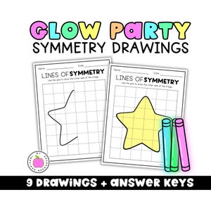 May include: Two educational worksheets titled GLOW PARTY SYMMETRY DRAWINGS and LINES OF SYMMETRY featuring a grid for drawing star shapes. The pages include spaces for name and date, accompanied by three neon-colored crayons in blue, green, and pink.