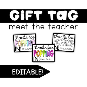 Editable Meet the Teacher and Open House Gift Tags | Thanks for Popping In | Back to School Popcorn Favor Tags Printable