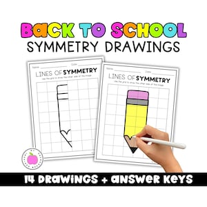 May include: Back to School Symmetry Drawings educational worksheets featuring a grid for drawing the other side of a pencil image. Includes the text Lines of Symmetry, Name, and Date fields. The set contains 14 drawings and answer keys.